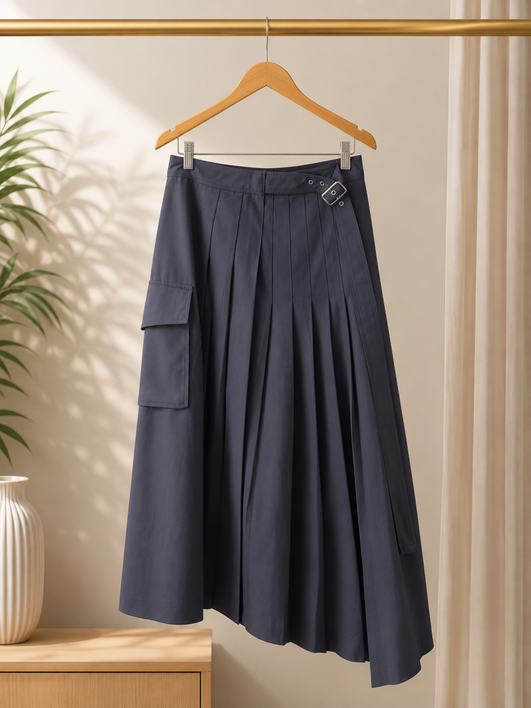 Navy Pleated Cargo Midi Skirt