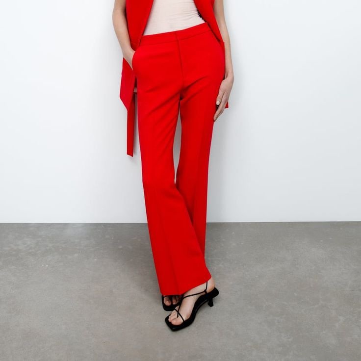 Red High Waist Flared Tailored Trouser