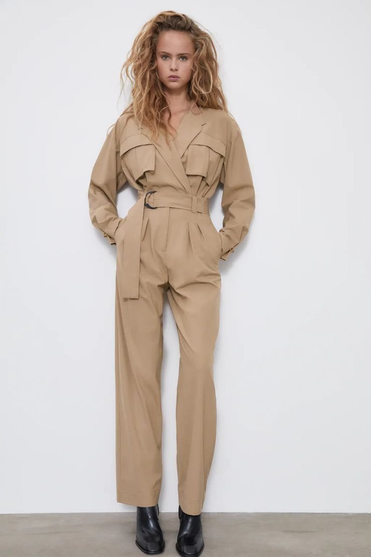 Beige Belted Trench Jumpsuit