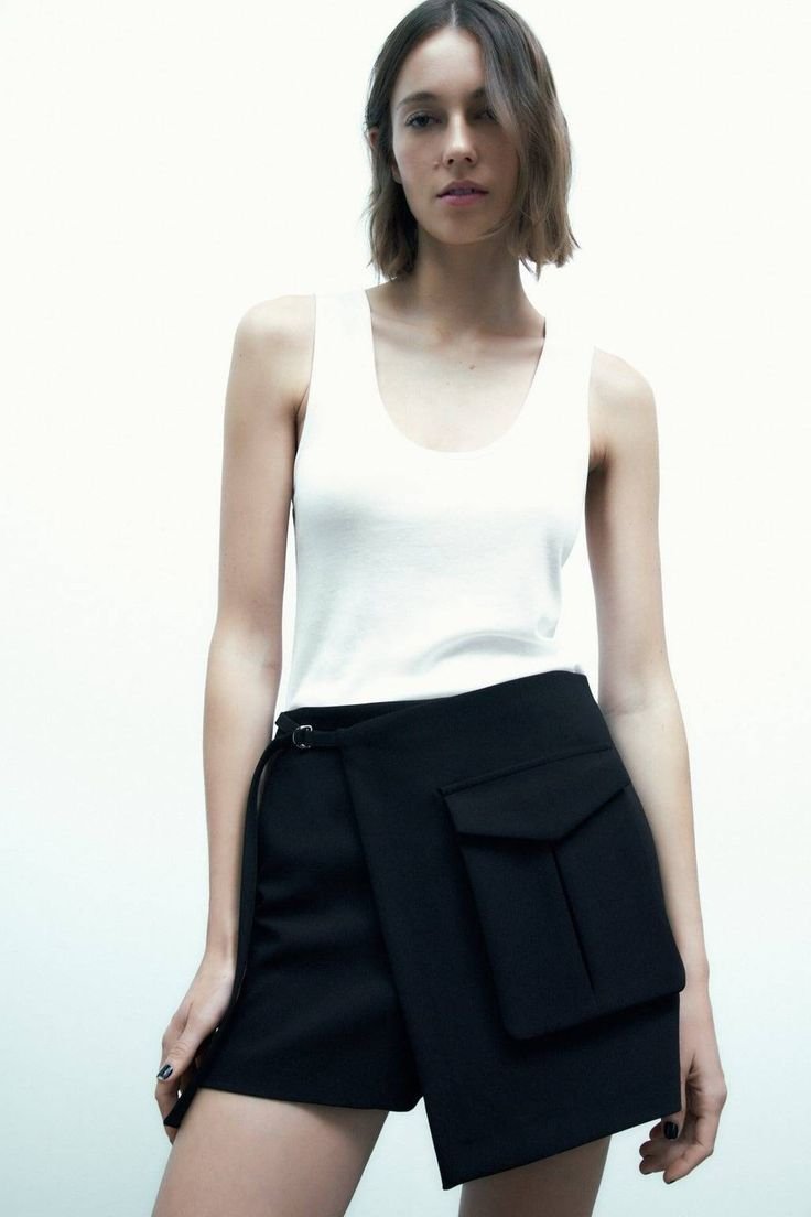 Wrap Tailored Black Skort With Patch Pocket