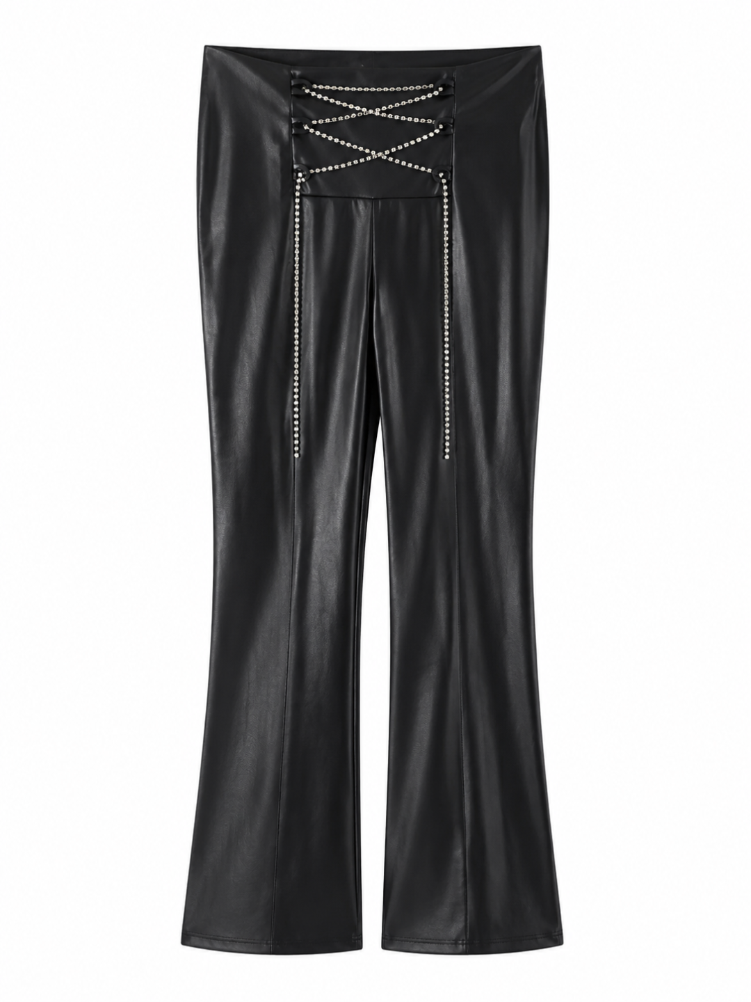 Black High Waist Faux Leather Flare Pants With Rhinestone Lace Up