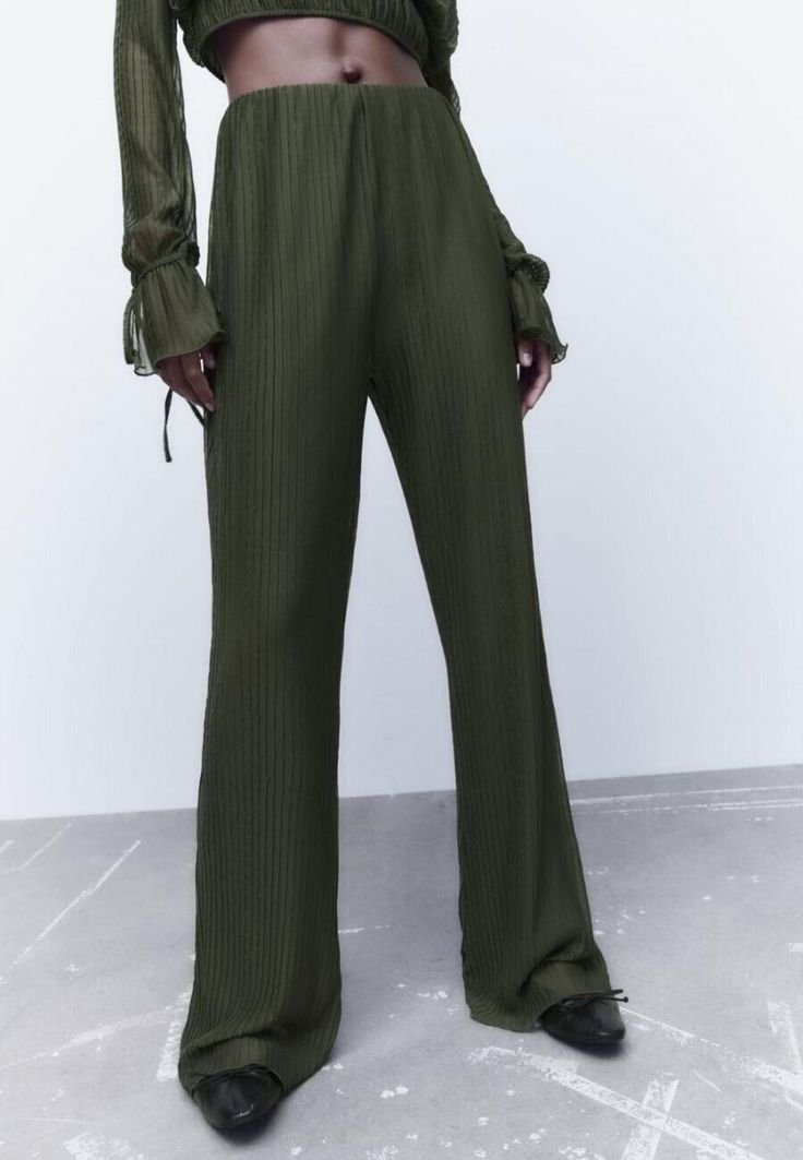 Dark Olive Green Flared Pleated Trousers