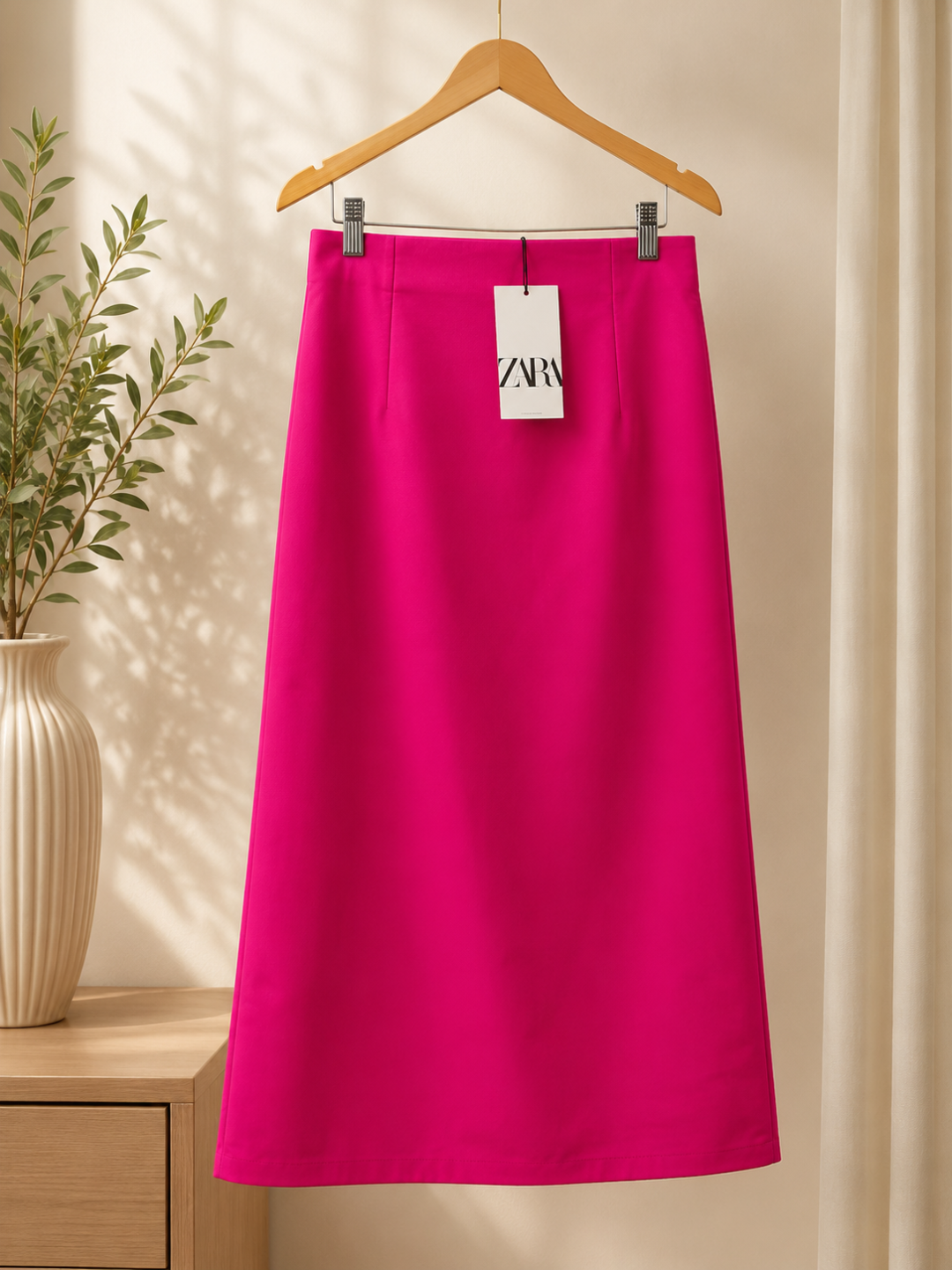 Fuchsia Pink High Waisted A Line Midi Skirt