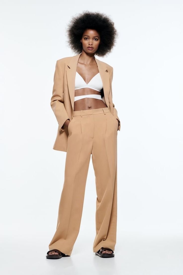 Beige High Waist Pleated Wide Leg Trousers