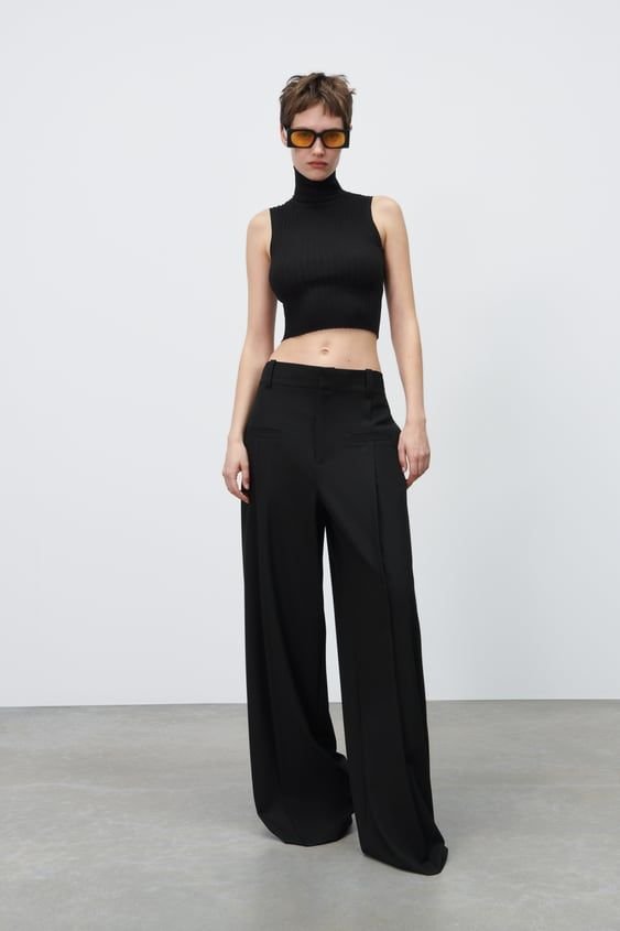 Black High Waist Front Pleat Wide Leg Trousers