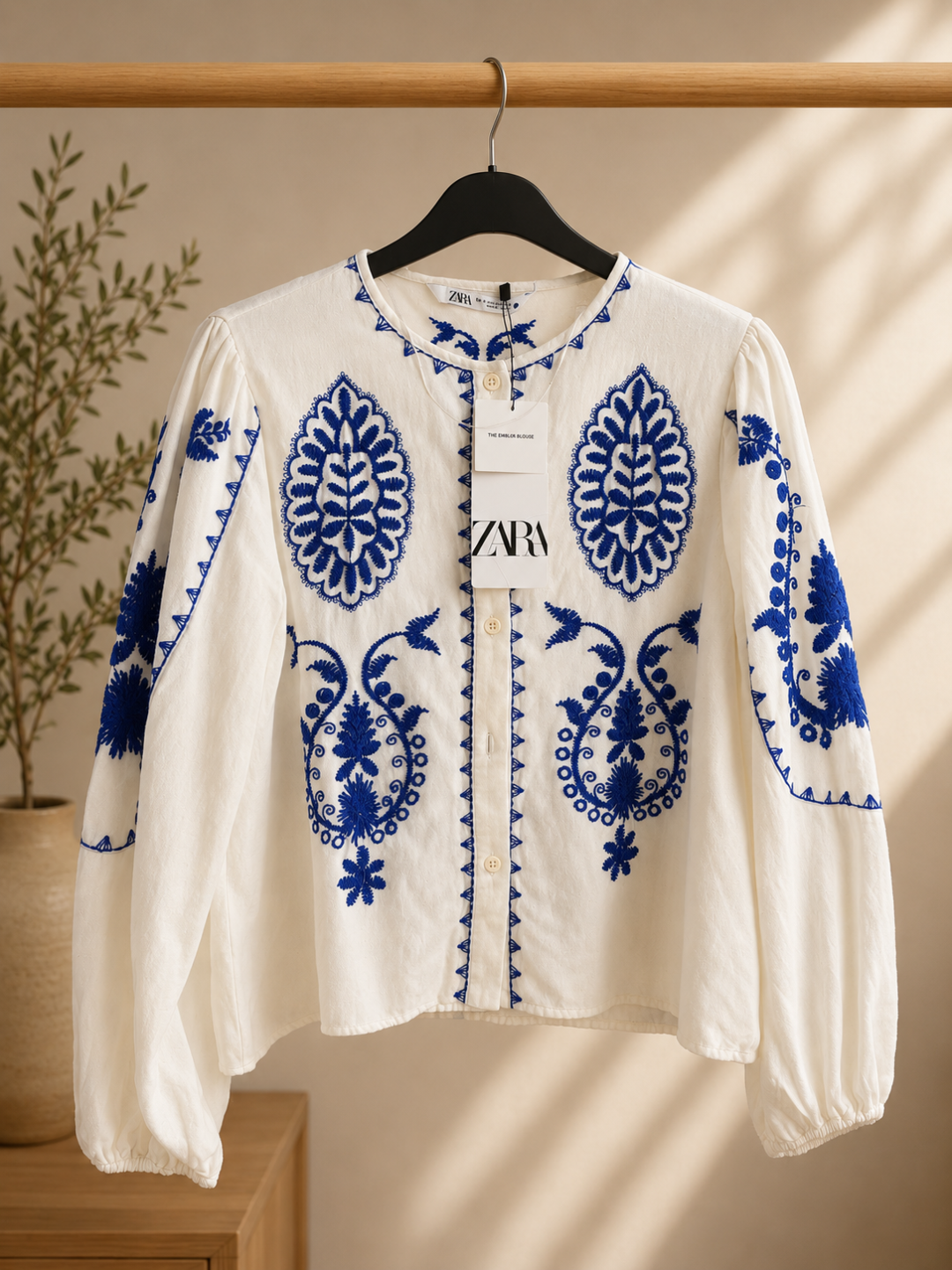 White And Cobalt Blue Embroidered Boho Blouse