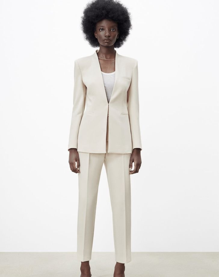 Ecru Collarless Open Front Blazer