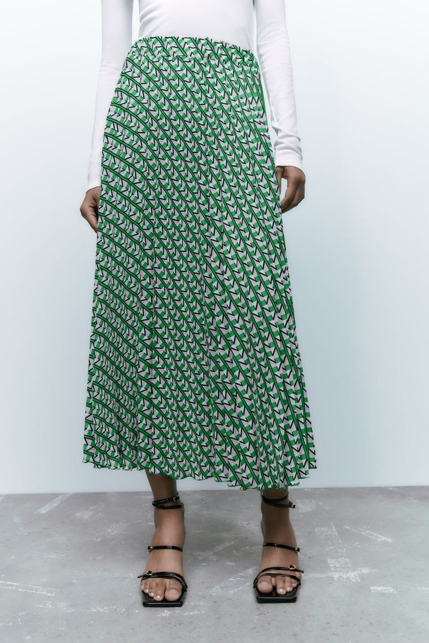 Geometric Orint Pleated Midi Skirt