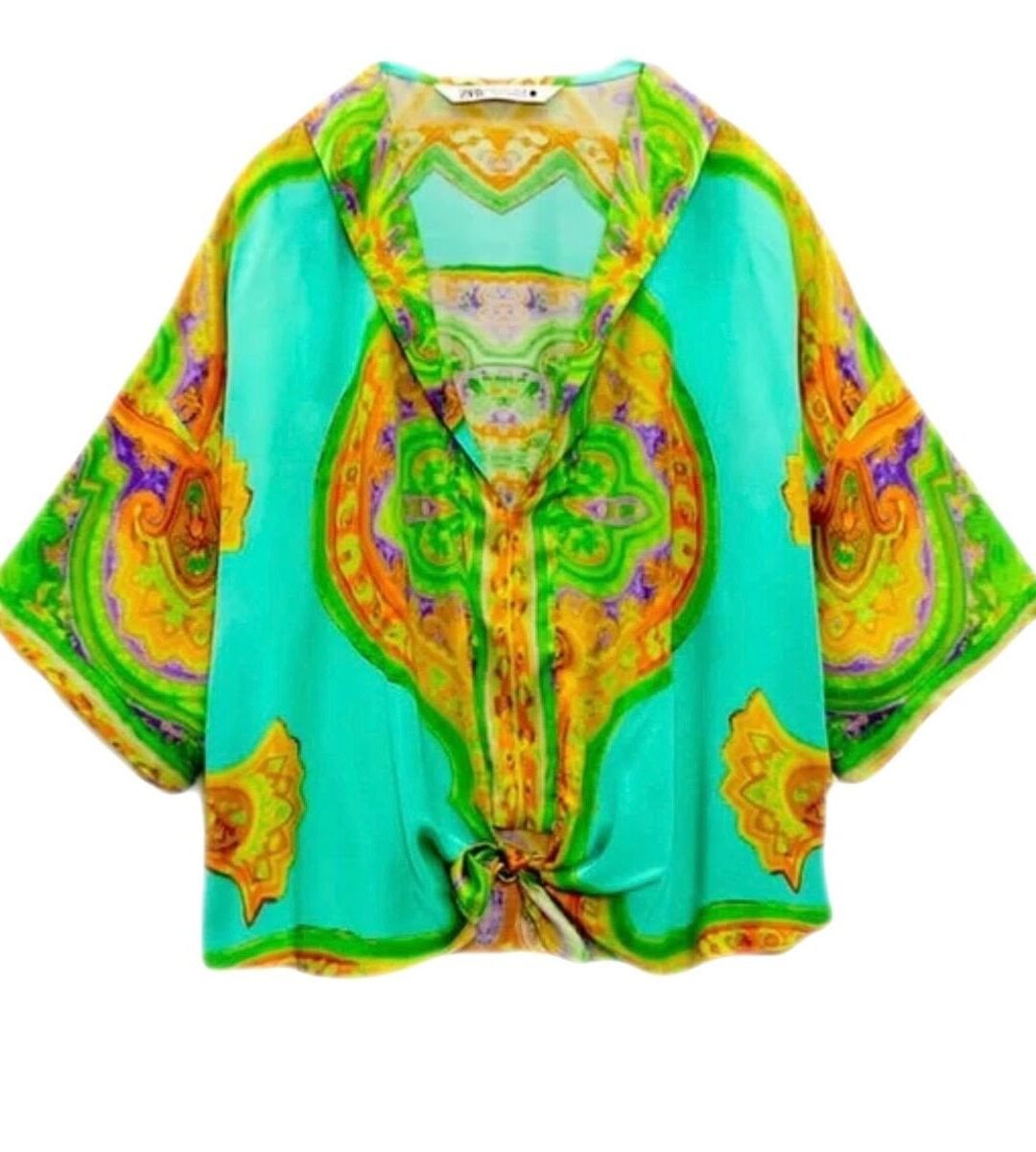 Turquoise Vibrant Paisley Front Tie Kimono Top