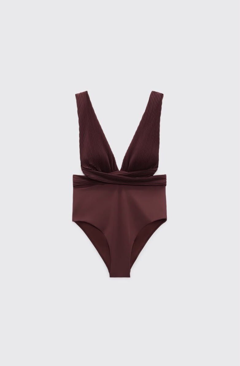 Burgundy Twisted Front Ribbed One Piece Swimsuit