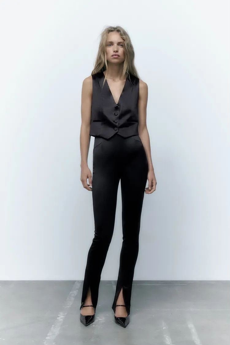Black High Waist Satin Trousers With Front Slit