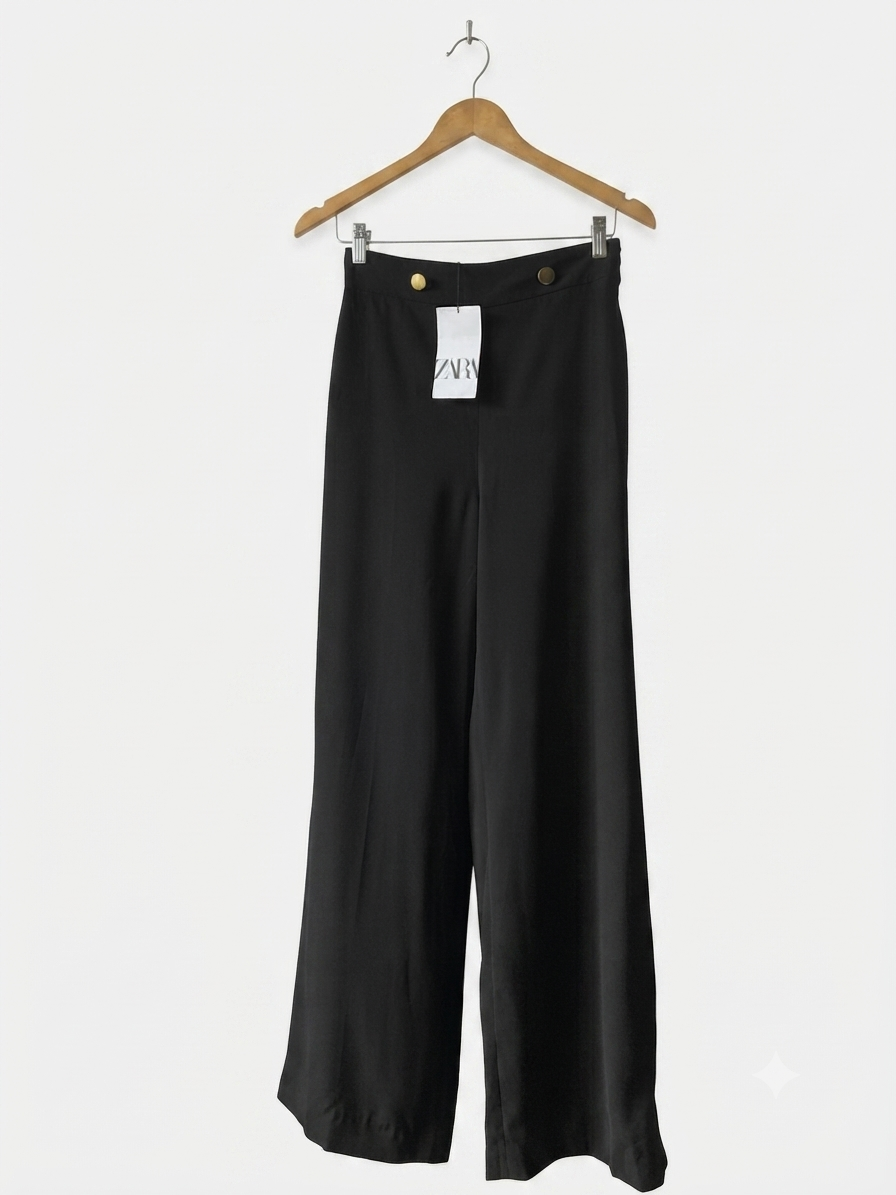 Black High Waisted Wide Leg Trousers With Gold Buttons