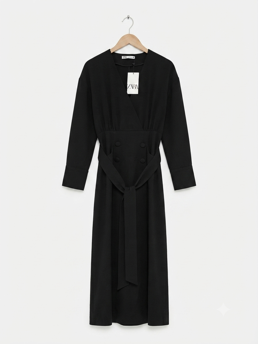 Black Warp Effect Midi Dress With Belt
