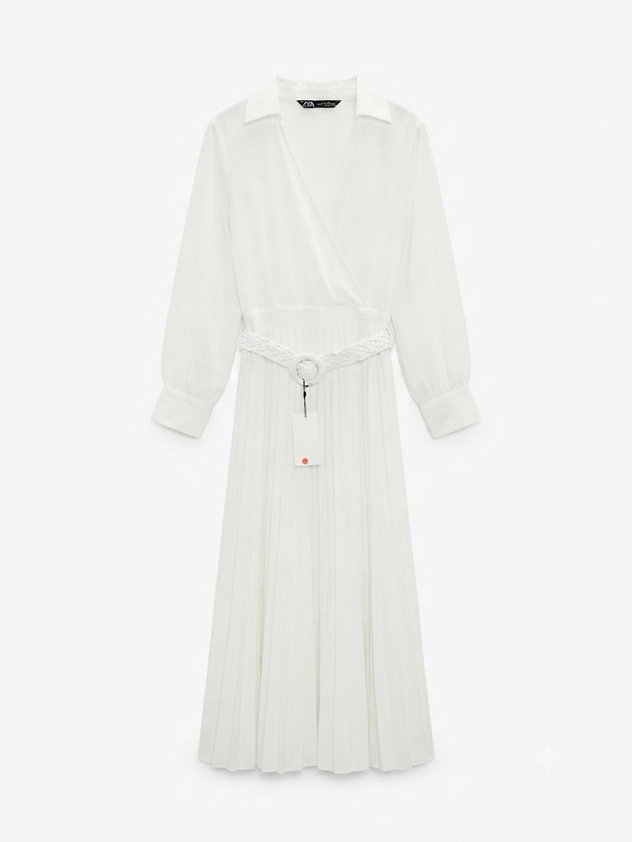 White pleated Belted Maxi Dress