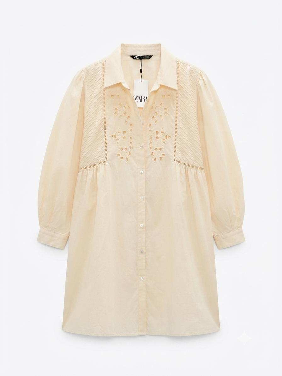 Ecru Embroidery Cotton Midi Shirt Dress
