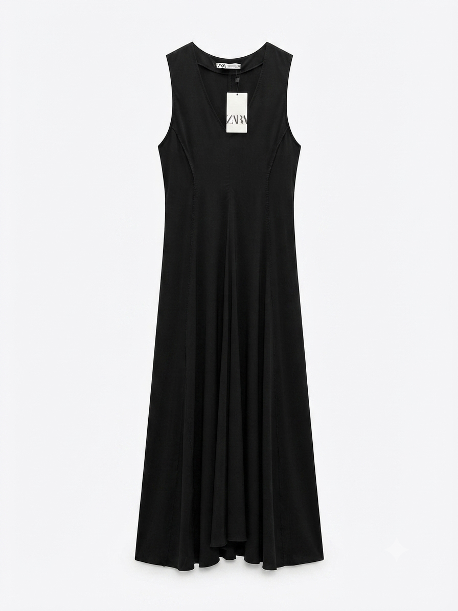 Black Sleeveless Flared Maxi Front Zipper Dress
