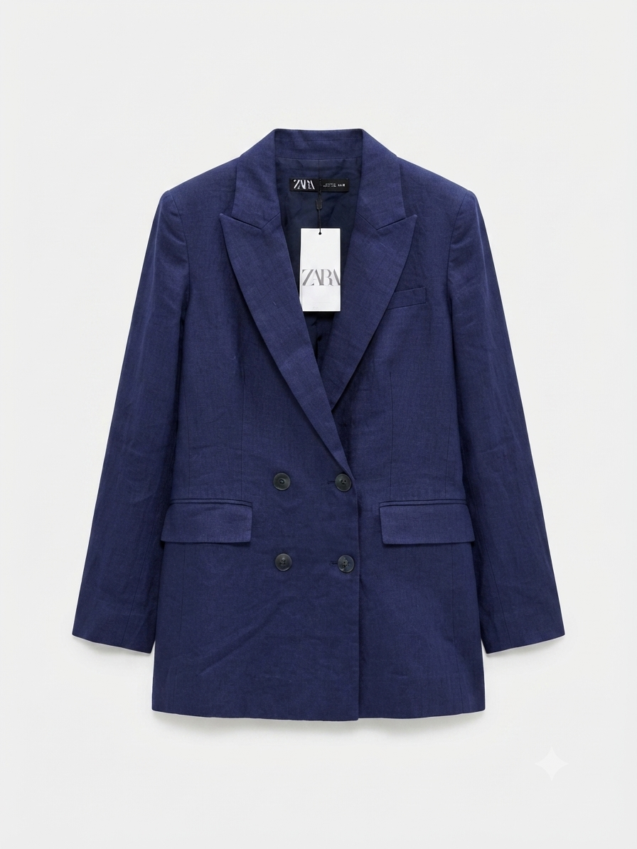 Navy Blue Double Breasted Linen Blazer