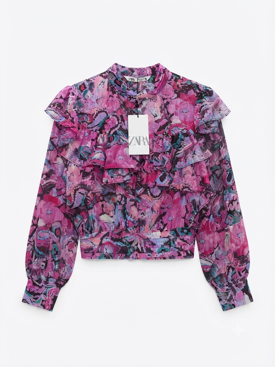 Fuchsia Purple Floral Ruffle Cropped Blouse