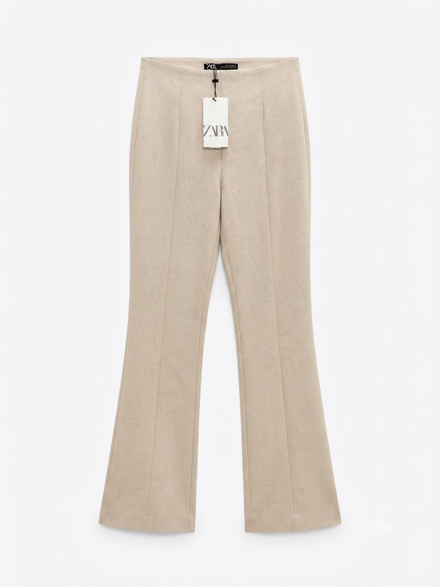Beige High Waisted Flared Trousers With Hem Slit