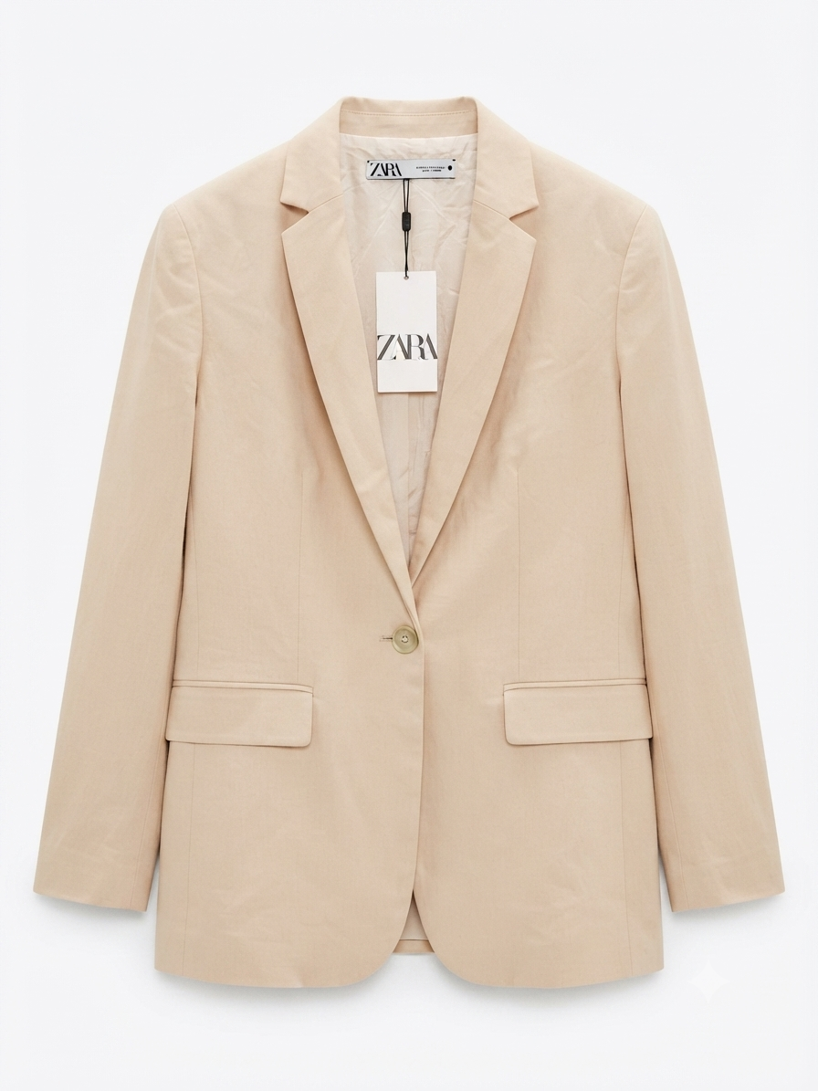 Beige Linen Blend Single Button Blazer