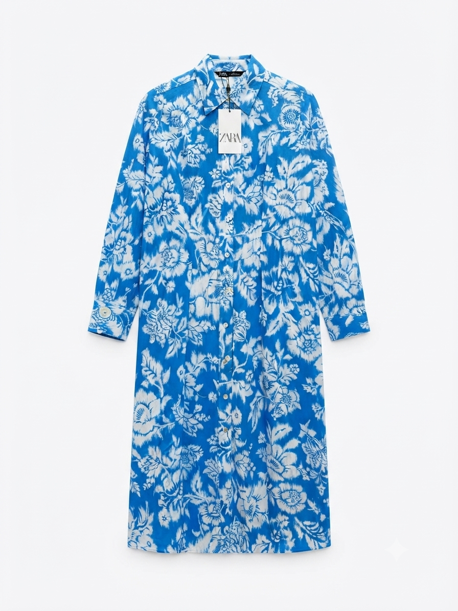 Cobalt Blue Floral Printed Midi Shirt Dress