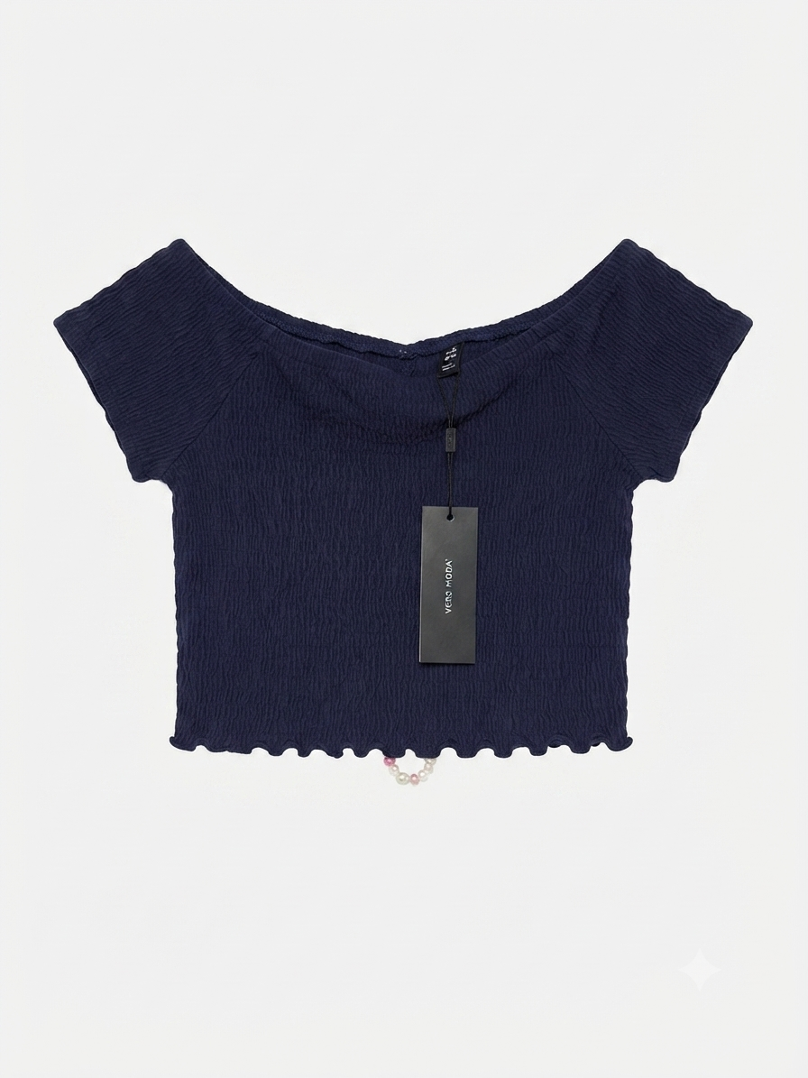 Navy VERO MODA Off Shoulder Crinkle Top