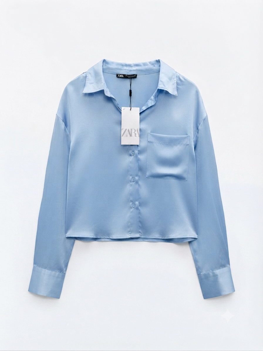 Baby Blue Satin Cropped Shirt