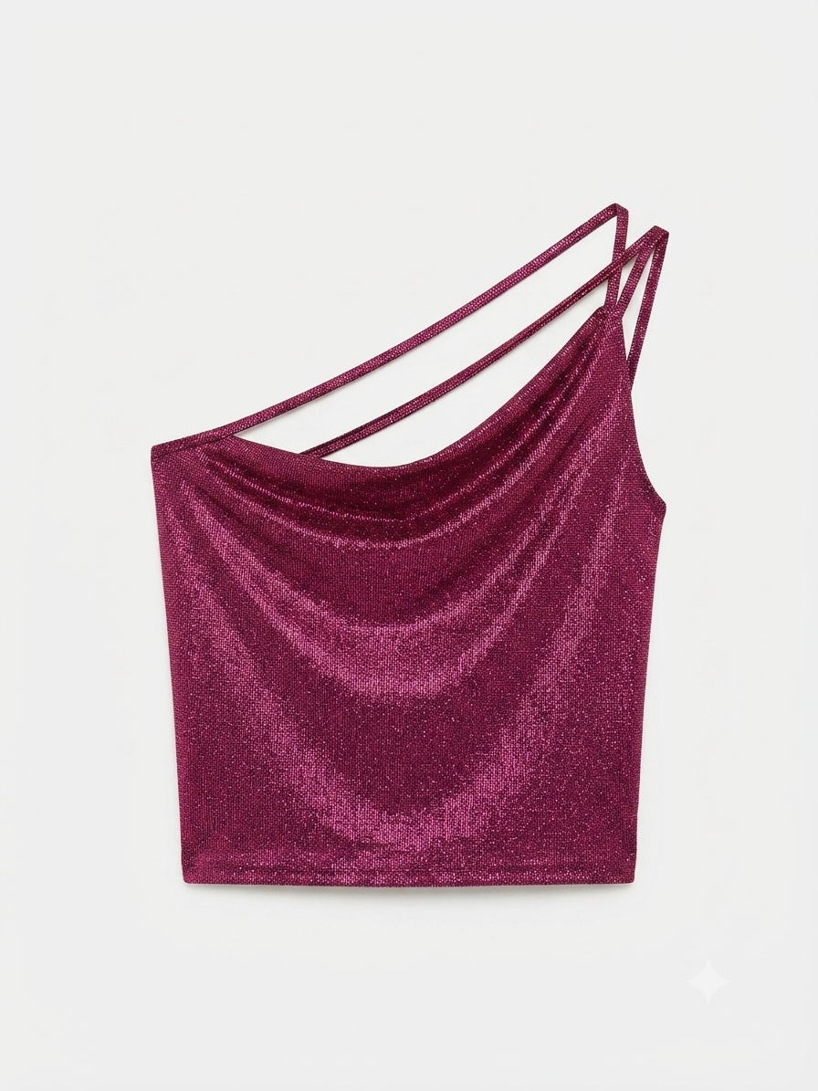 Magenta Shimmer Ome Shoulder Strappy Crop Top