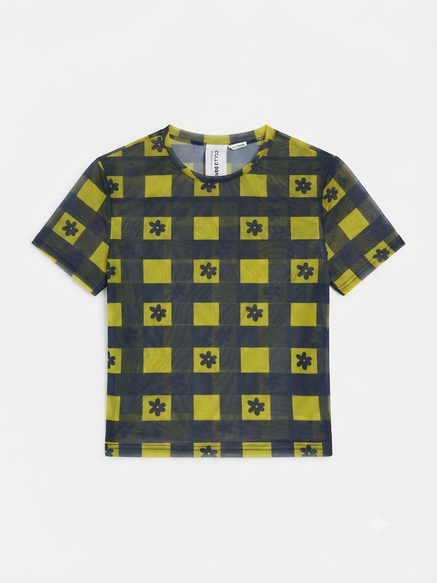 Yellow And Navy Checkered Floral COLLUSION Mesh Top