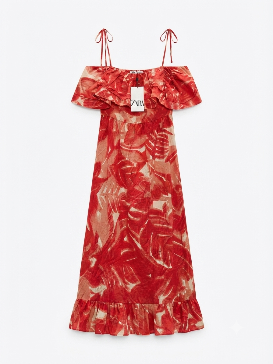 Red Floral Printed Off Shoulder Midi Dress