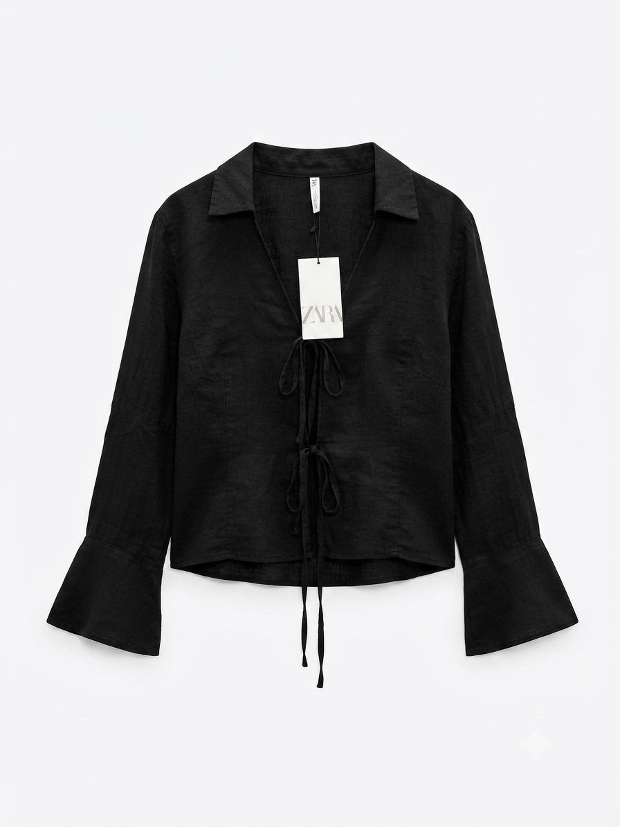 Black Tie Front Linen Shirt