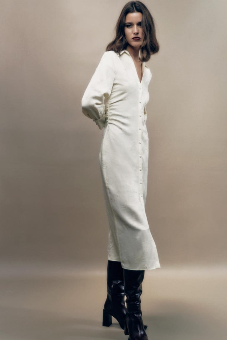 Ecru Jacquard Shirt Dress With Puff Sleeves