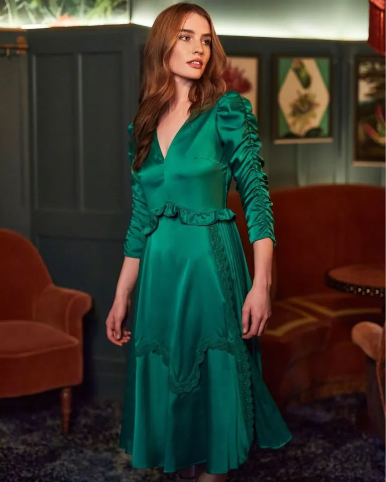 Emerald Green Satin Ruffle V-neck Midi Dress