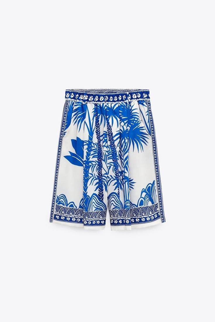 Blue Palm Printed Elastic Waist Wide Shorts