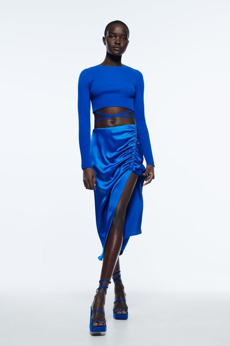 Cobalt Blue Satin Draped Midi Skirt
