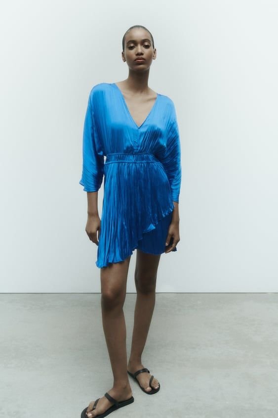 Cobalt Blue Plisse Satin Wrap Effect Mini Dress
