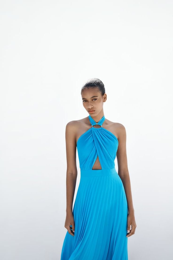 Turquoise Pleated Halter Maxi Dress