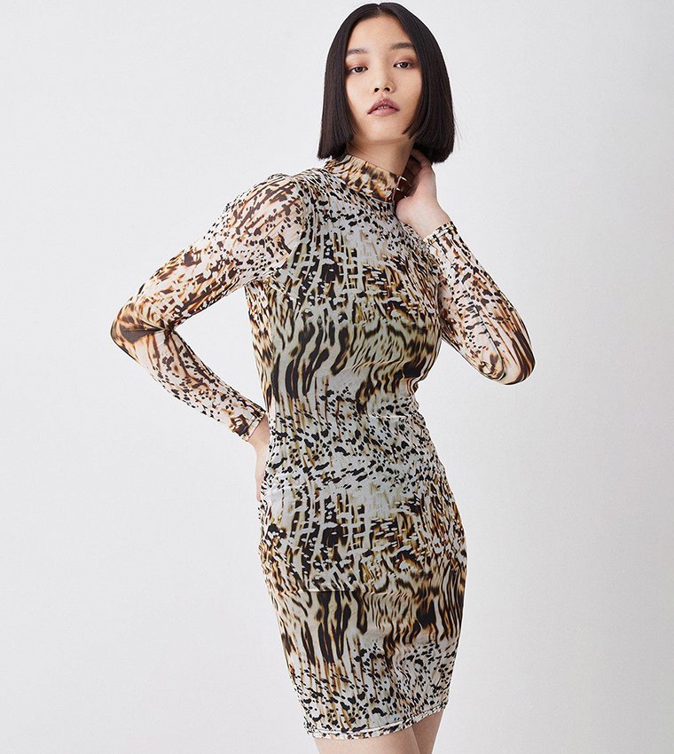 Animal Print Brown Mesh Mini Dress