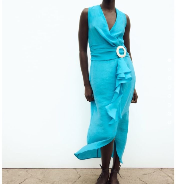 Turquoise Blue Wrap V-neck Ruffle Midi Dress