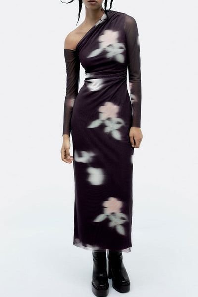 Deep Plum Mesh Floral One Shoulder Maxi Dress