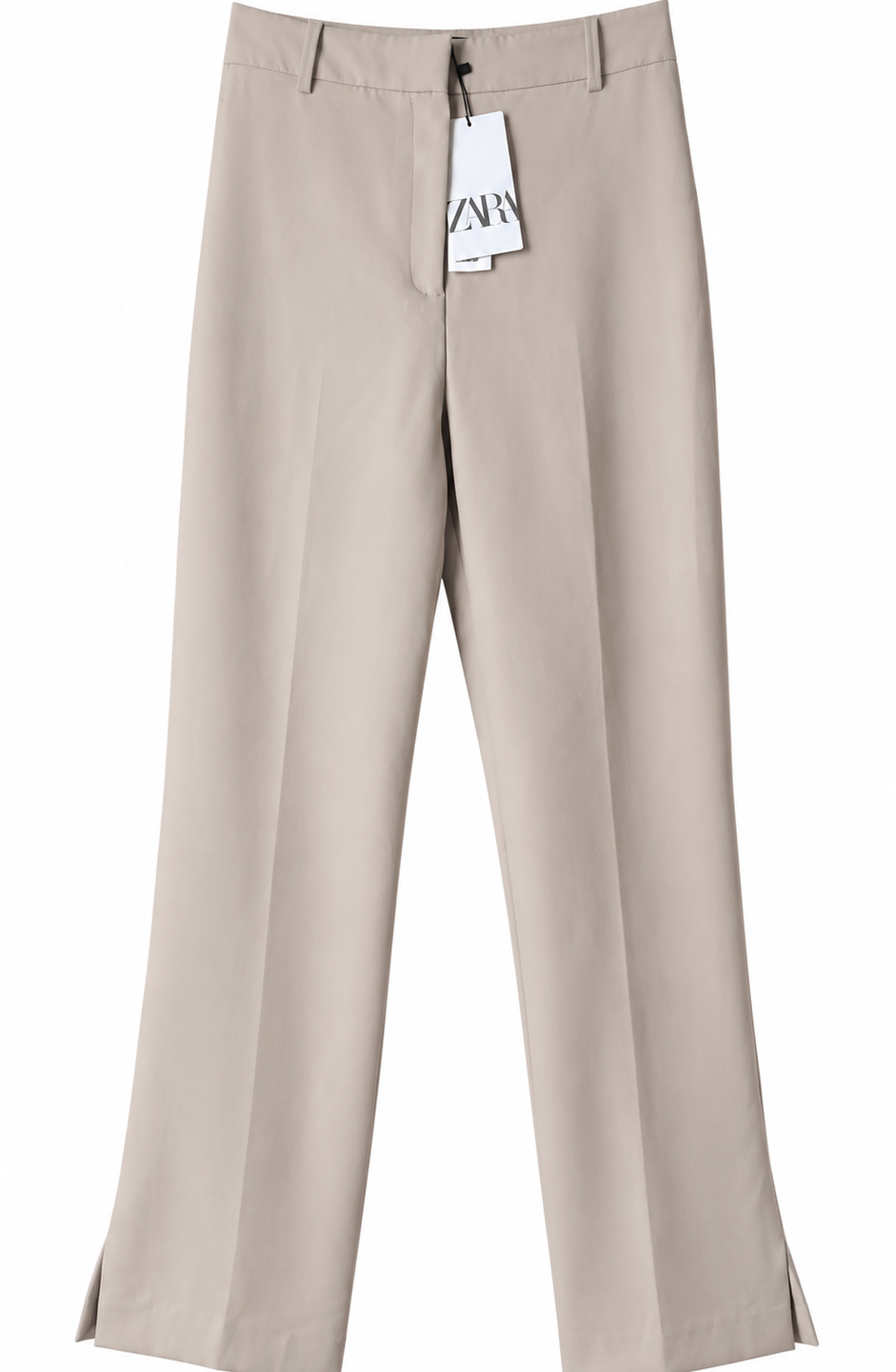 Taupe High Waisted Straight Trousers With Hem Slit