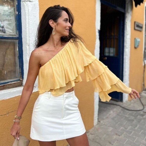 Butter Yellow Ruffle One Shoulder Chiffon Top