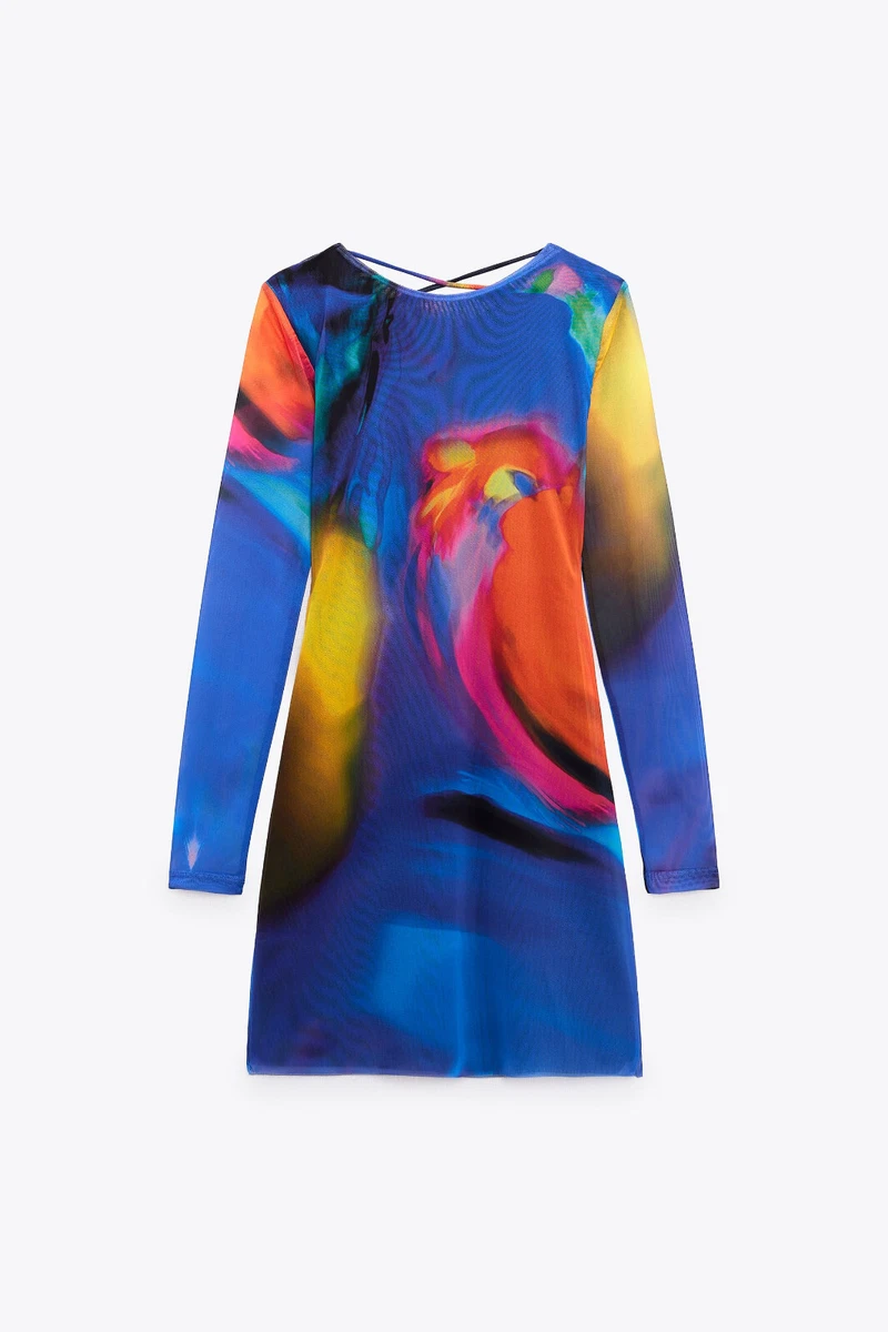 Electric Multicoloured Abstract Print Mesh Mini Dress