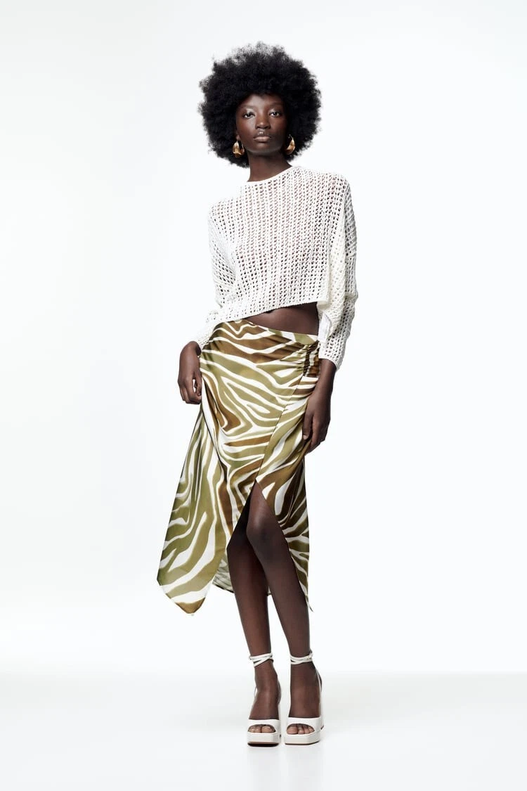 Olive White Print Satin Wrap Midi Skirt