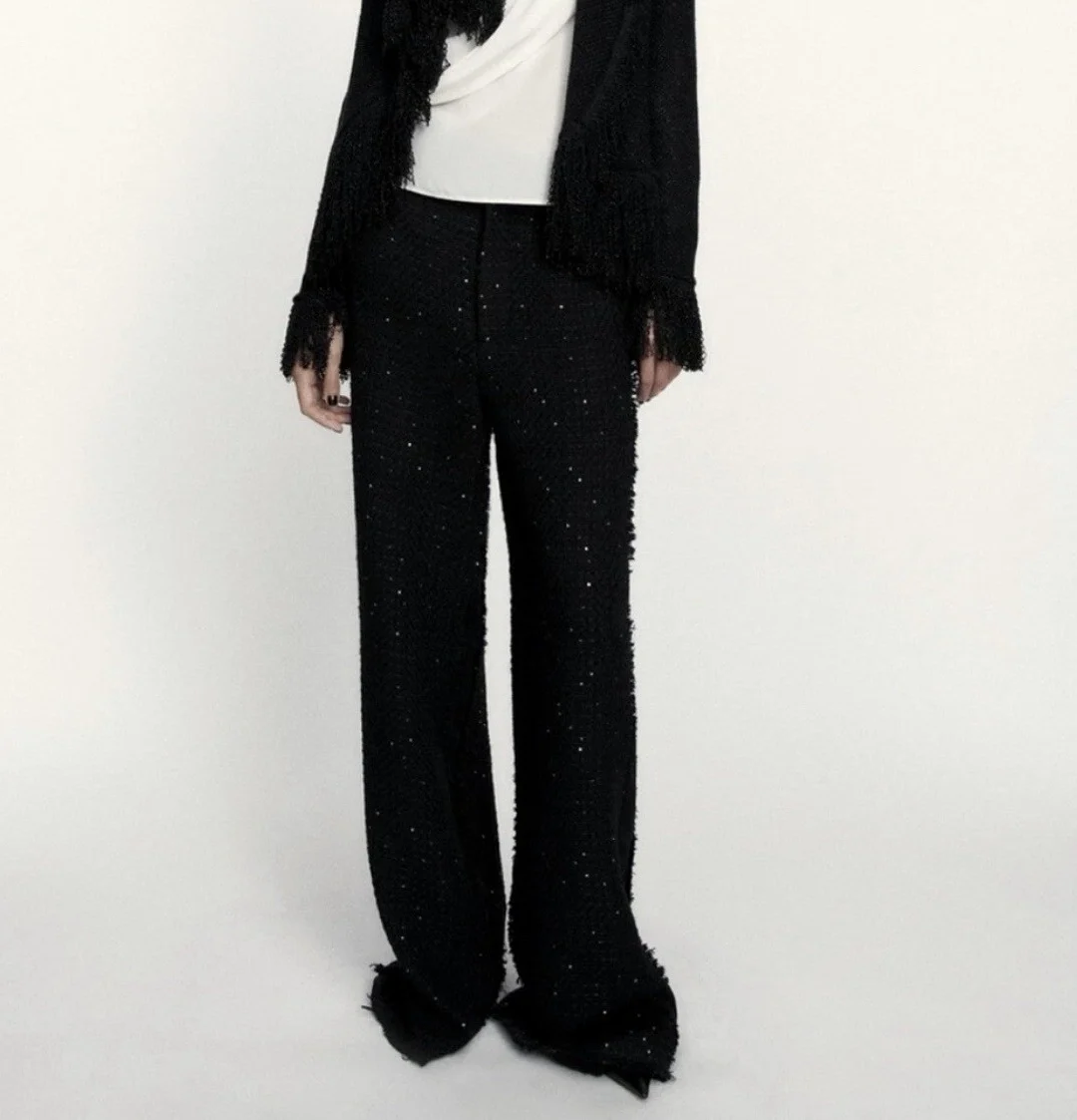 Black Boucle Wide Leg Trouser With Lurex Sparkle