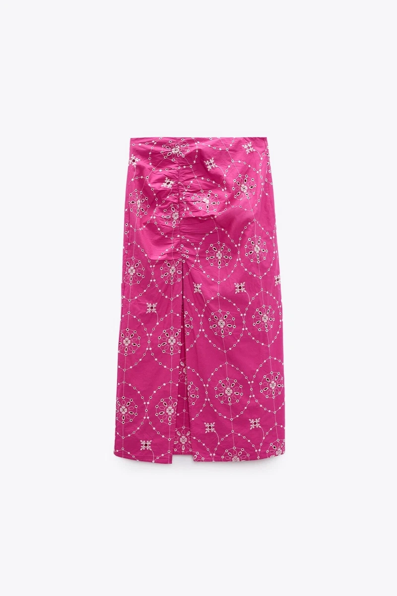 Hot Pink Embroidered Midi Skirt With Front Slit