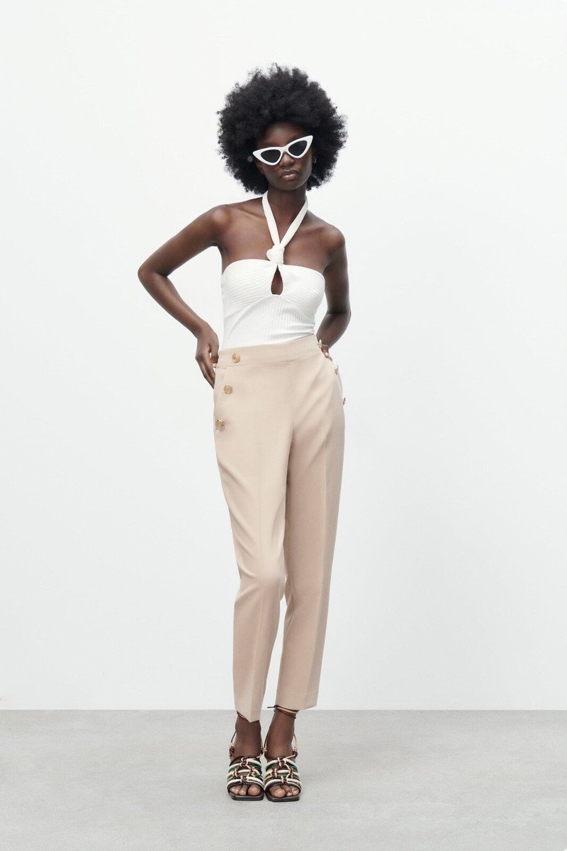 Beige High Waist Tapered Trousers
