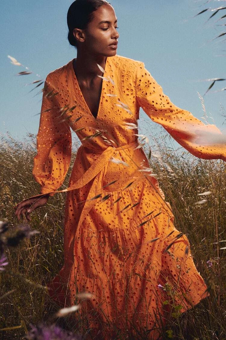 Orange Eyelet V-neck Tie Waist Dress