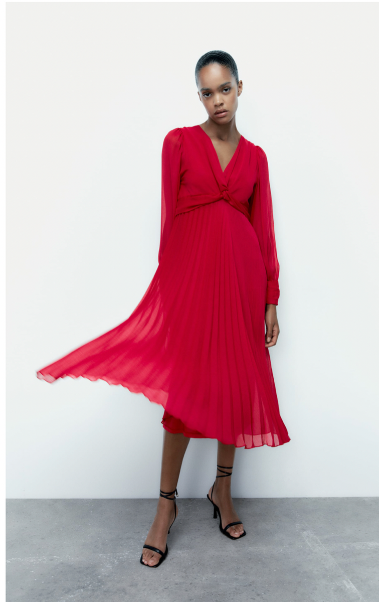 Cherry Red Pleated Twist Front Maxi Dress