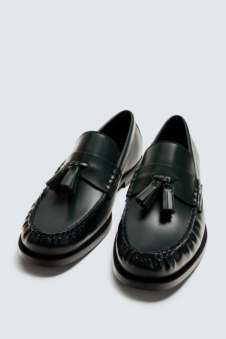 Dark Green Row Tasseled Leather Loafers